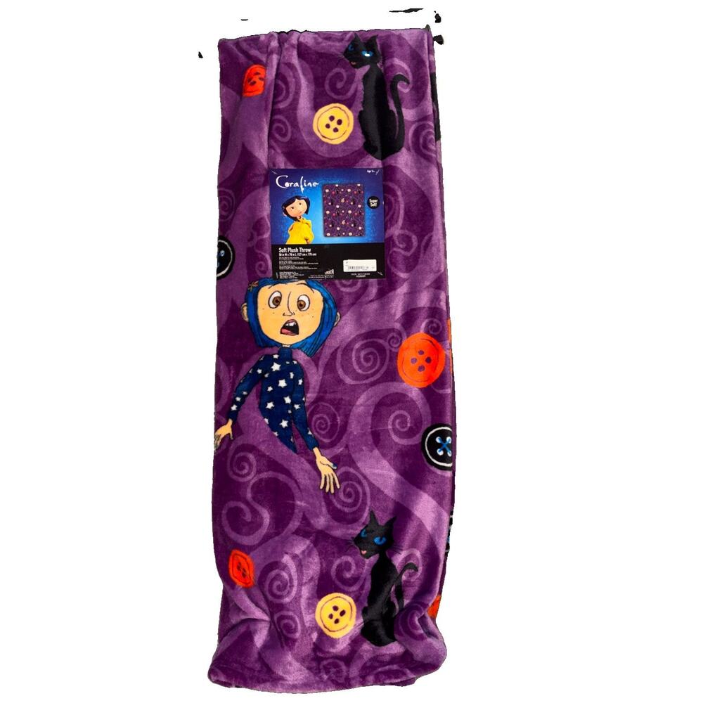 Coraline Purple Halloween Throw Blanket 50x70 Laika Black Cat Button Plush NEW